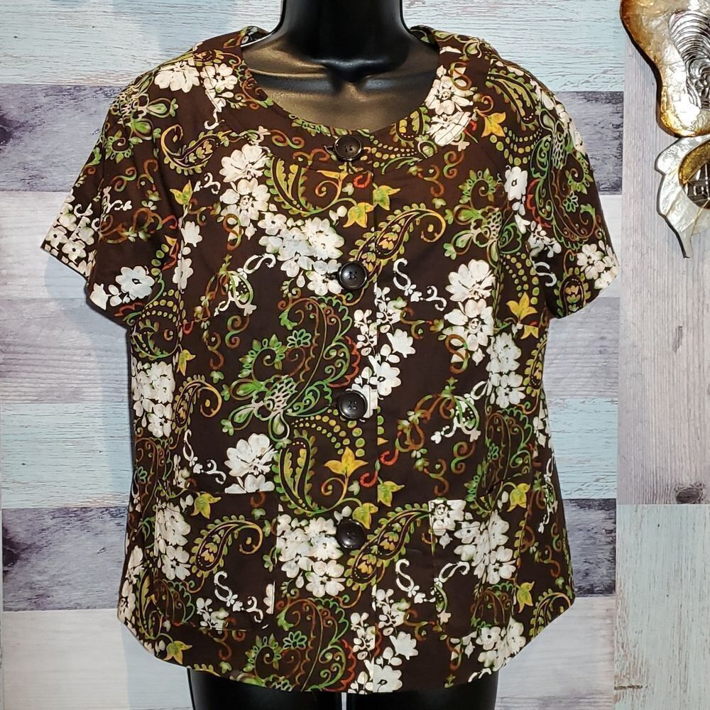Notations Brown Multi Color Floral Short Sleeve Jacket Pockets Sz Small